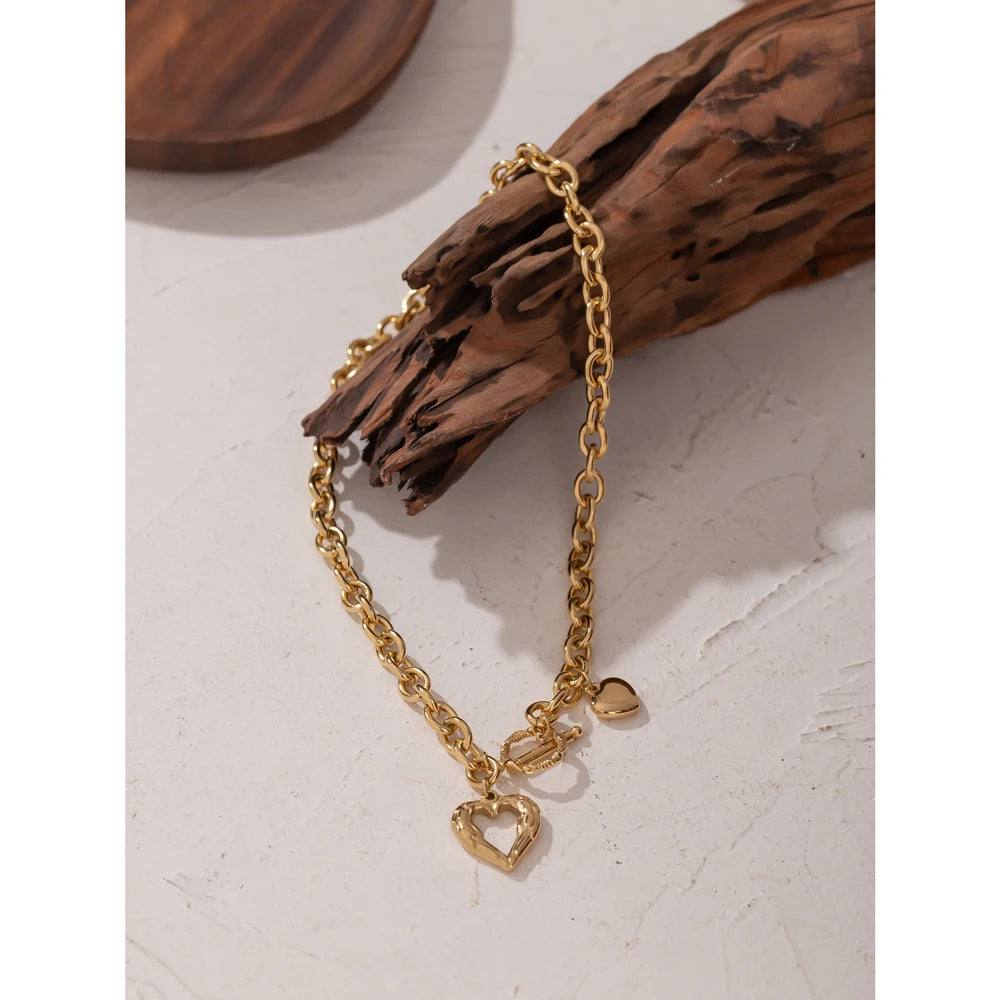 Gold Heart Collars Statement  Charm Texture Pendant Necklace