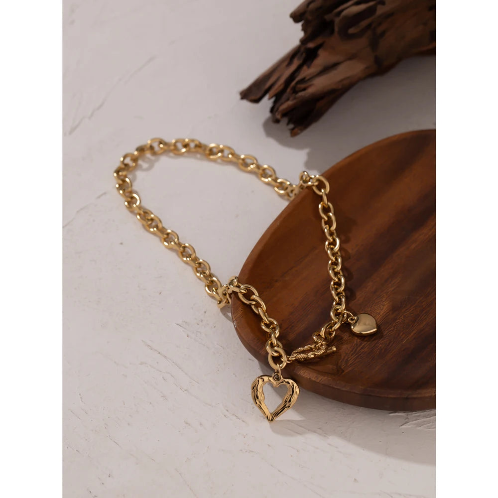 Gold Heart Collars Statement  Charm Texture Pendant Necklace