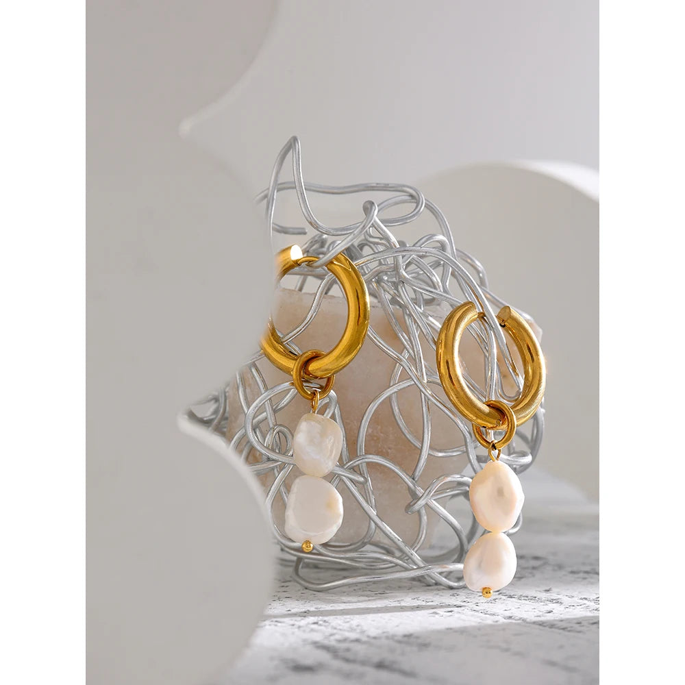 Natural Pearl Hoop Dangle Drop Earrings