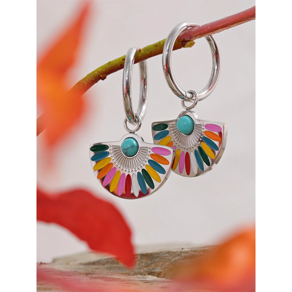 Bohemian Rainbow Colorful Enamel Hoop Drop Earring