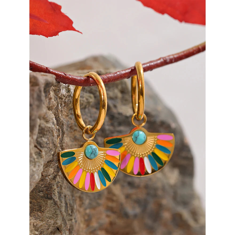 Bohemian Rainbow Colorful Enamel Hoop Drop Earring