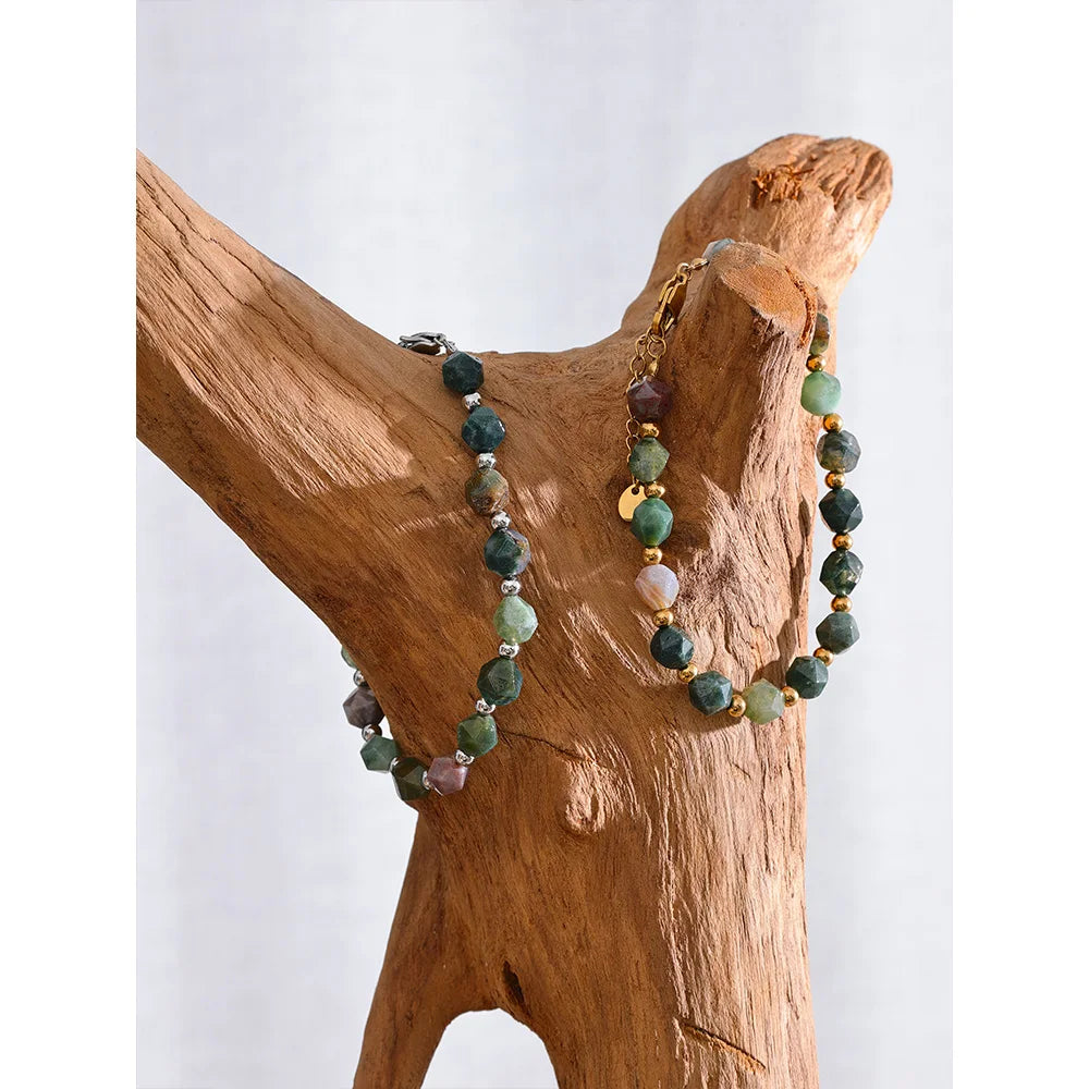 Natural Indian Agate Stone Beaded Chain Bracelet Bangle