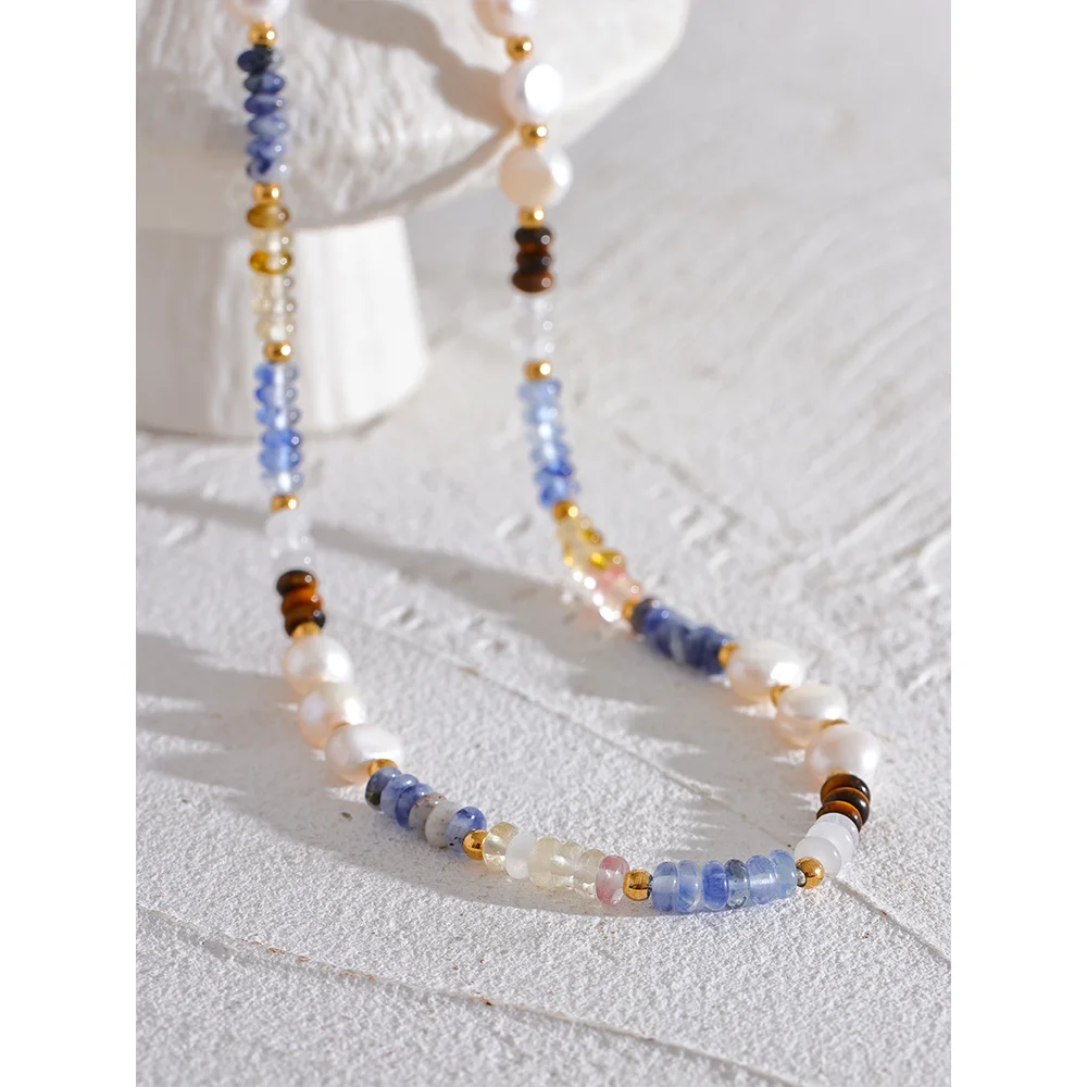 Gold Natural Freshwater Pearl Lapis Lazuli Beads Chain Necklace