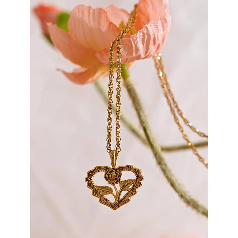 Gold Chick Heart Hollow Flower Pendant Necklace