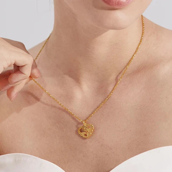 Gold Chick Heart Hollow Flower Pendant Necklace