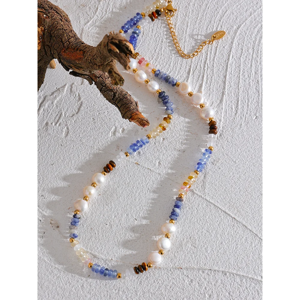 Gold Natural Freshwater Pearl Lapis Lazuli Beads Chain Necklace