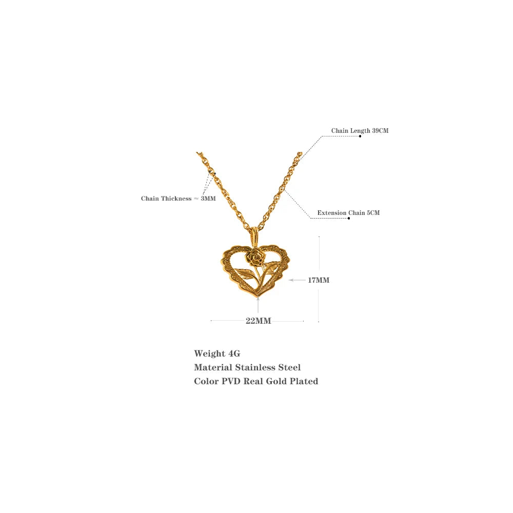 Gold Chick Heart Hollow Flower Pendant Necklace