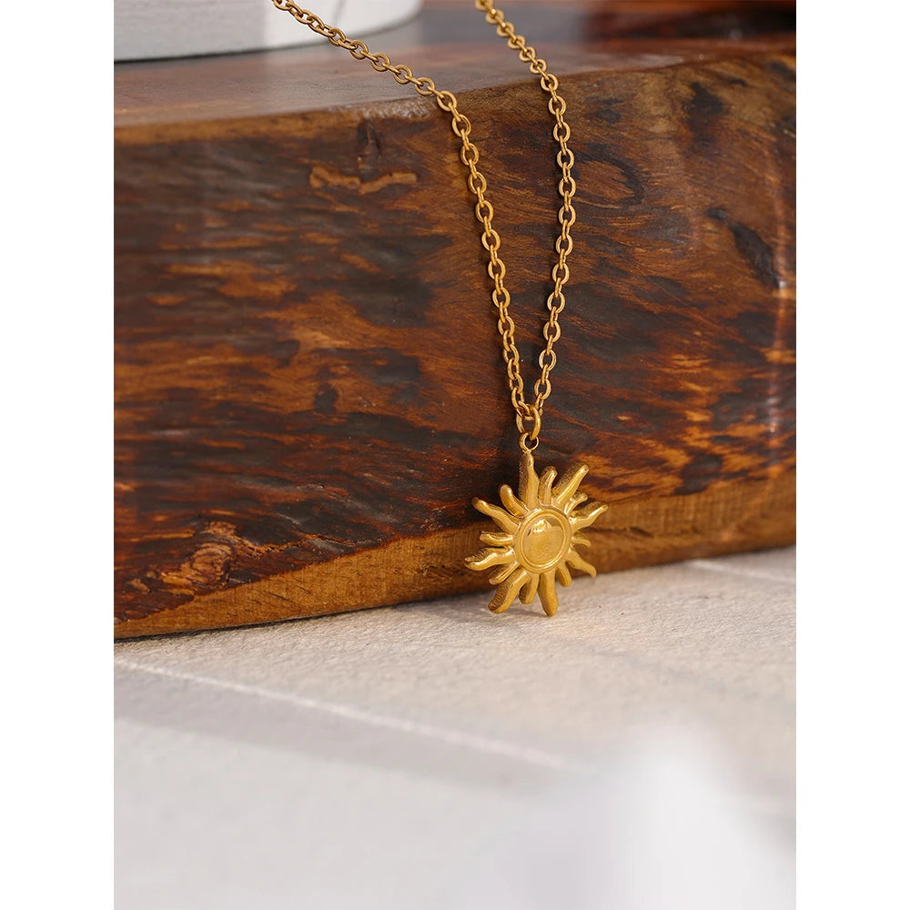 Gold Stainless Steel Sun Pendant Necklace