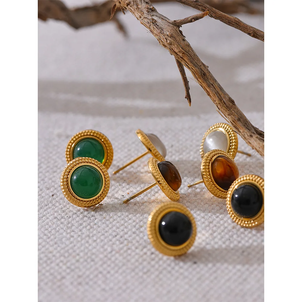 Exquisite Natural Stone Round Stud Earrings