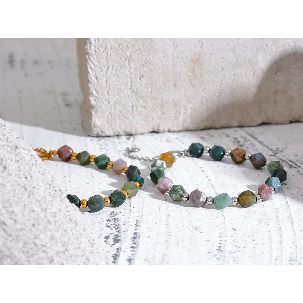 Natural Indian Agate Stone Beaded Chain Bracelet Bangle