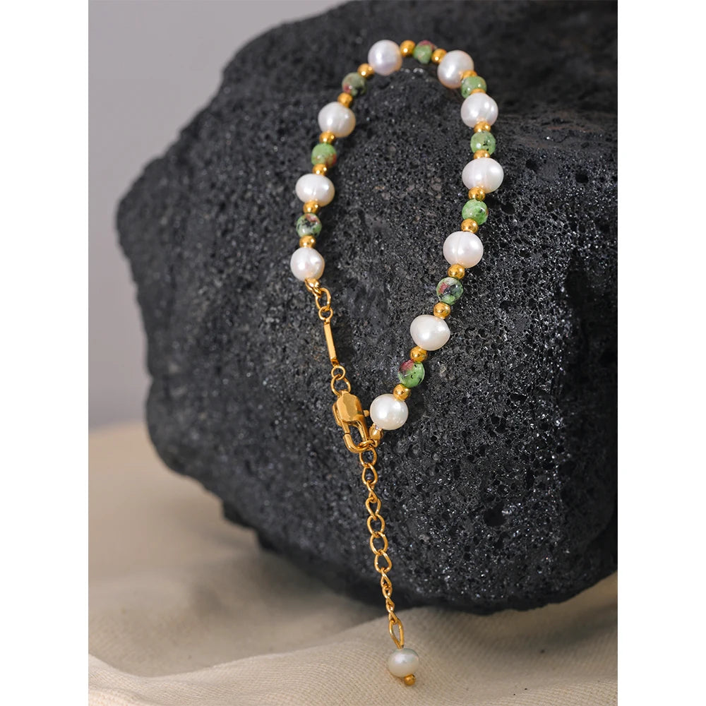 Gold Handmade Natural Stone & Freshwater Pearls Bracelets