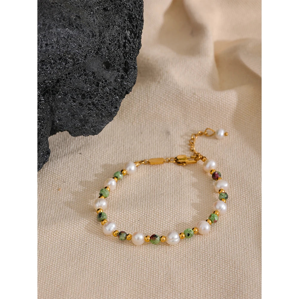 Gold Handmade Natural Stone & Freshwater Pearls Bracelets