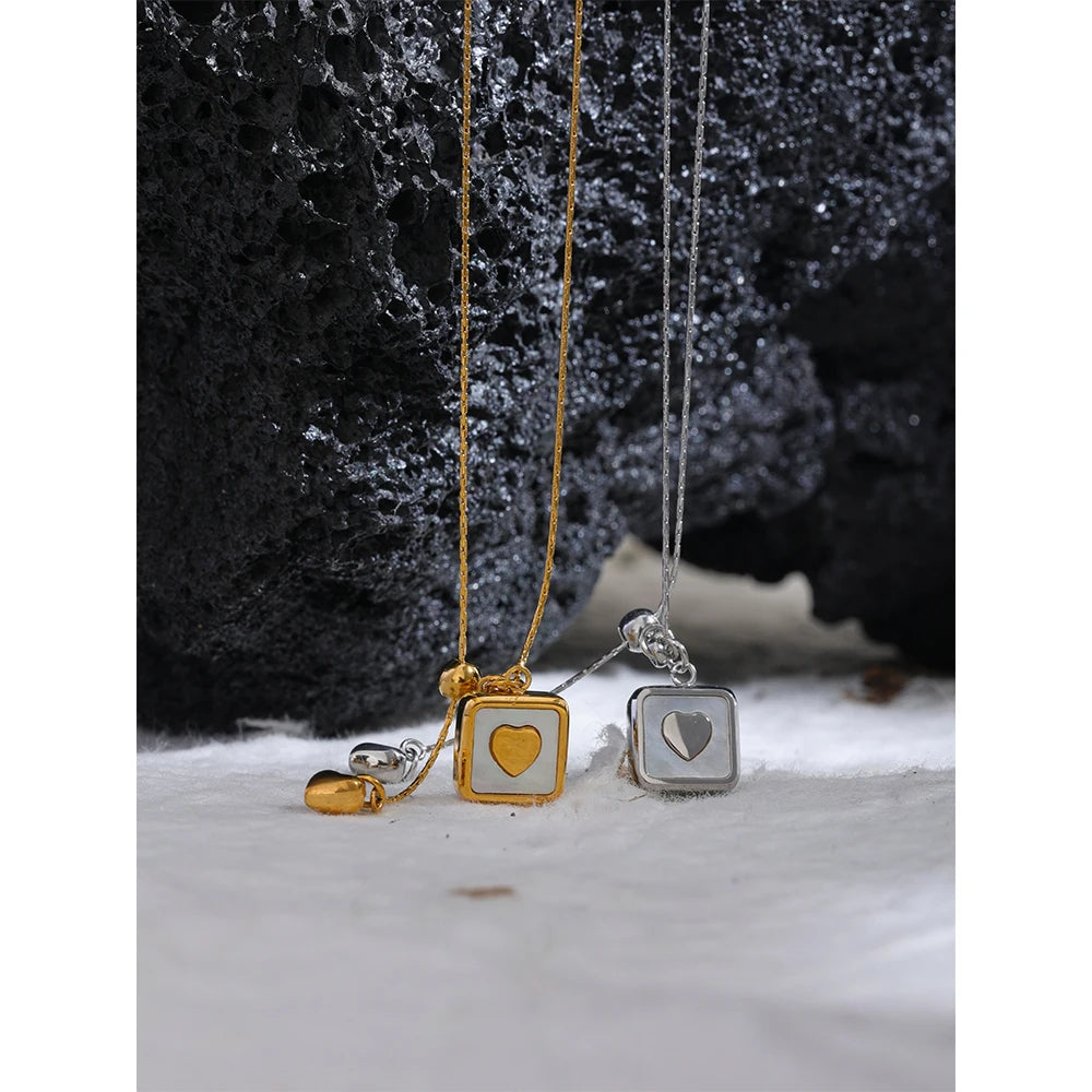 Stylish Square Heart Shell Pendant  Romantic Necklace