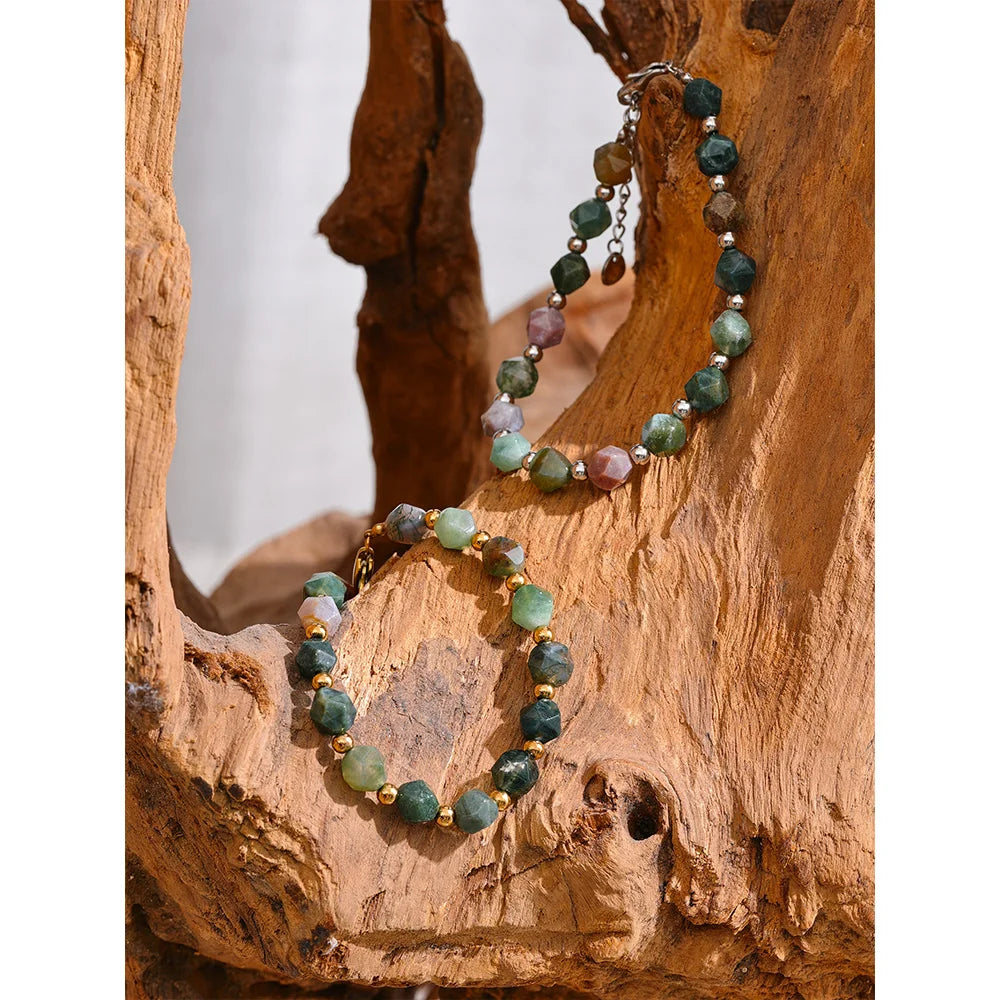 Natural Indian Agate Stone Beaded Chain Bracelet Bangle