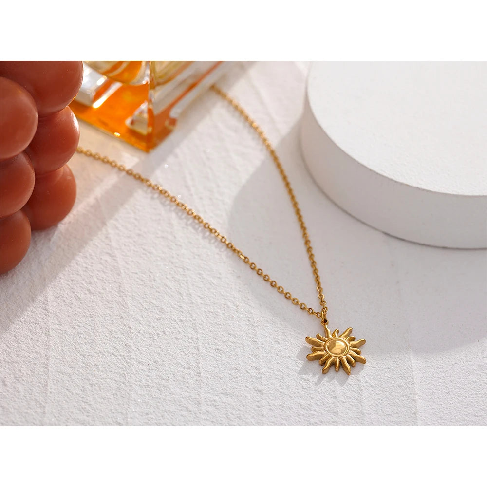 Gold Stainless Steel Sun Pendant Necklace