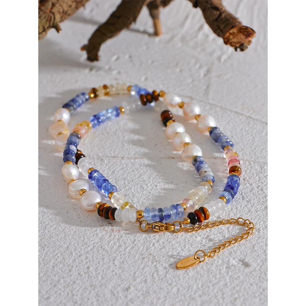 Gold Natural Freshwater Pearl Lapis Lazuli Beads Chain Necklace