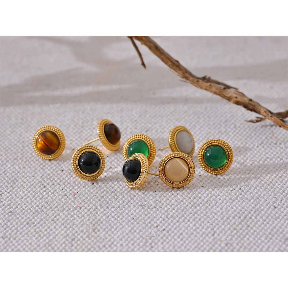 Exquisite Natural Stone Round Stud Earrings