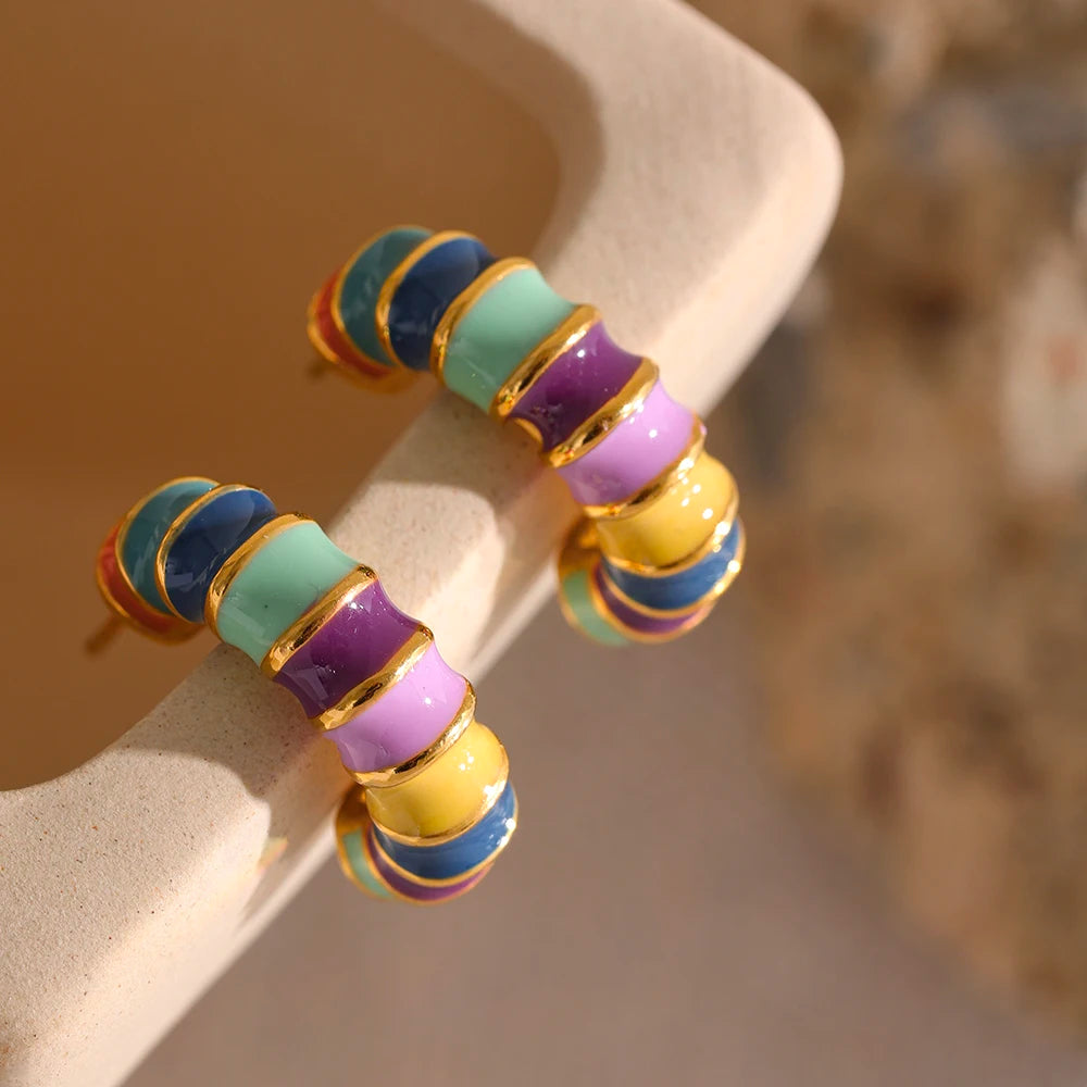 Colourful Enamel Gold Earring