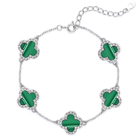 925 Sterling Silver Clover Green Iced Diamond Flash CZ Bracelet Set