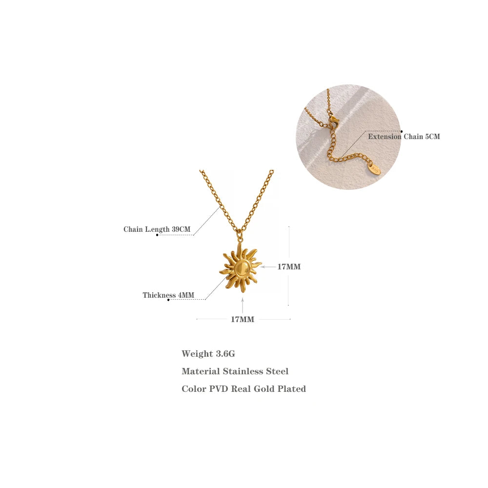 Gold Stainless Steel Sun Pendant Necklace