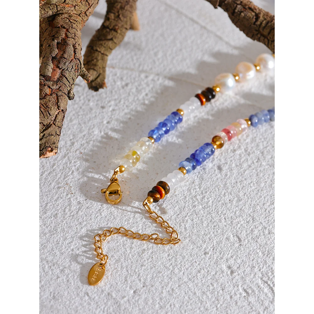 Gold Natural Freshwater Pearl Lapis Lazuli Beads Chain Necklace