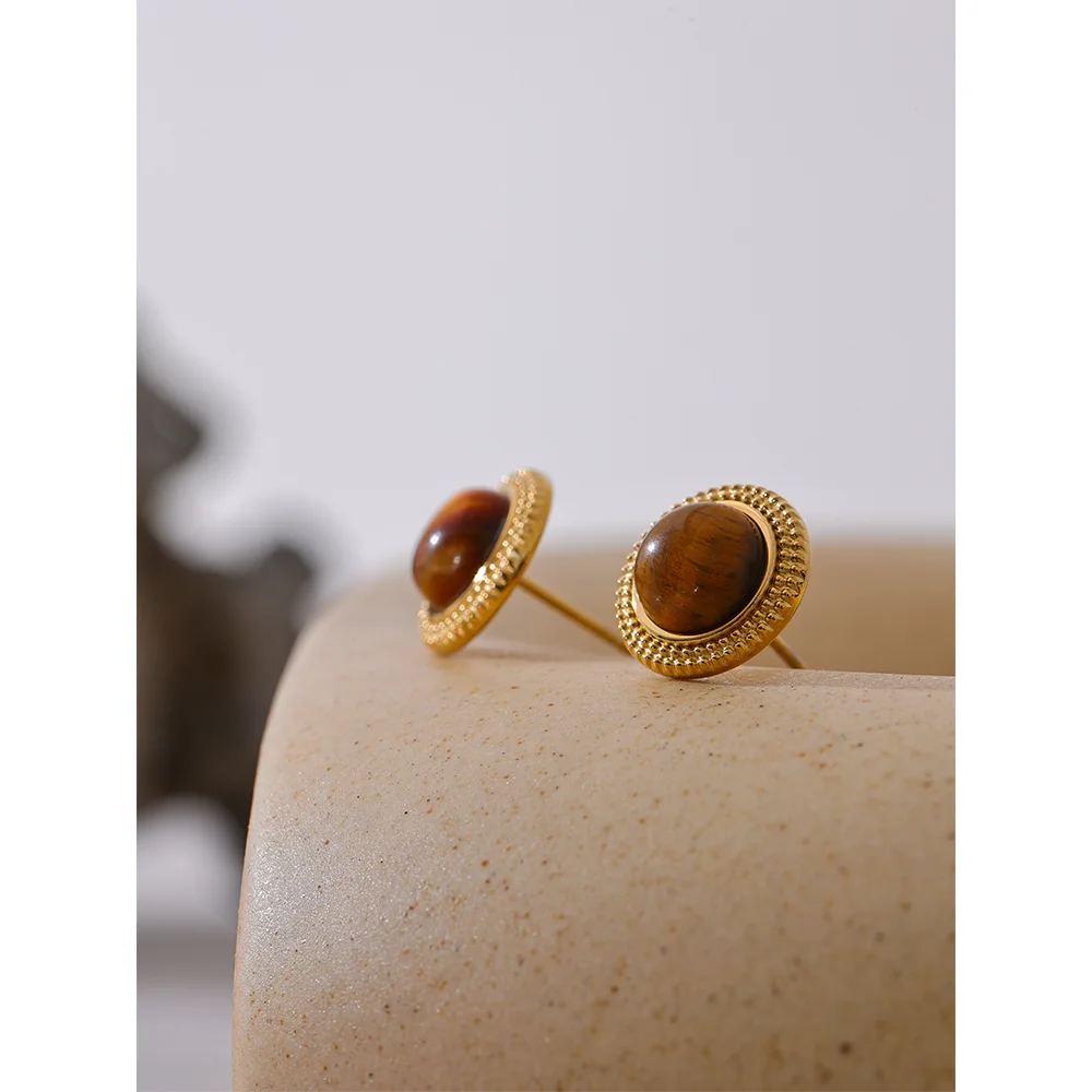 Exquisite Natural Stone Round Stud Earrings