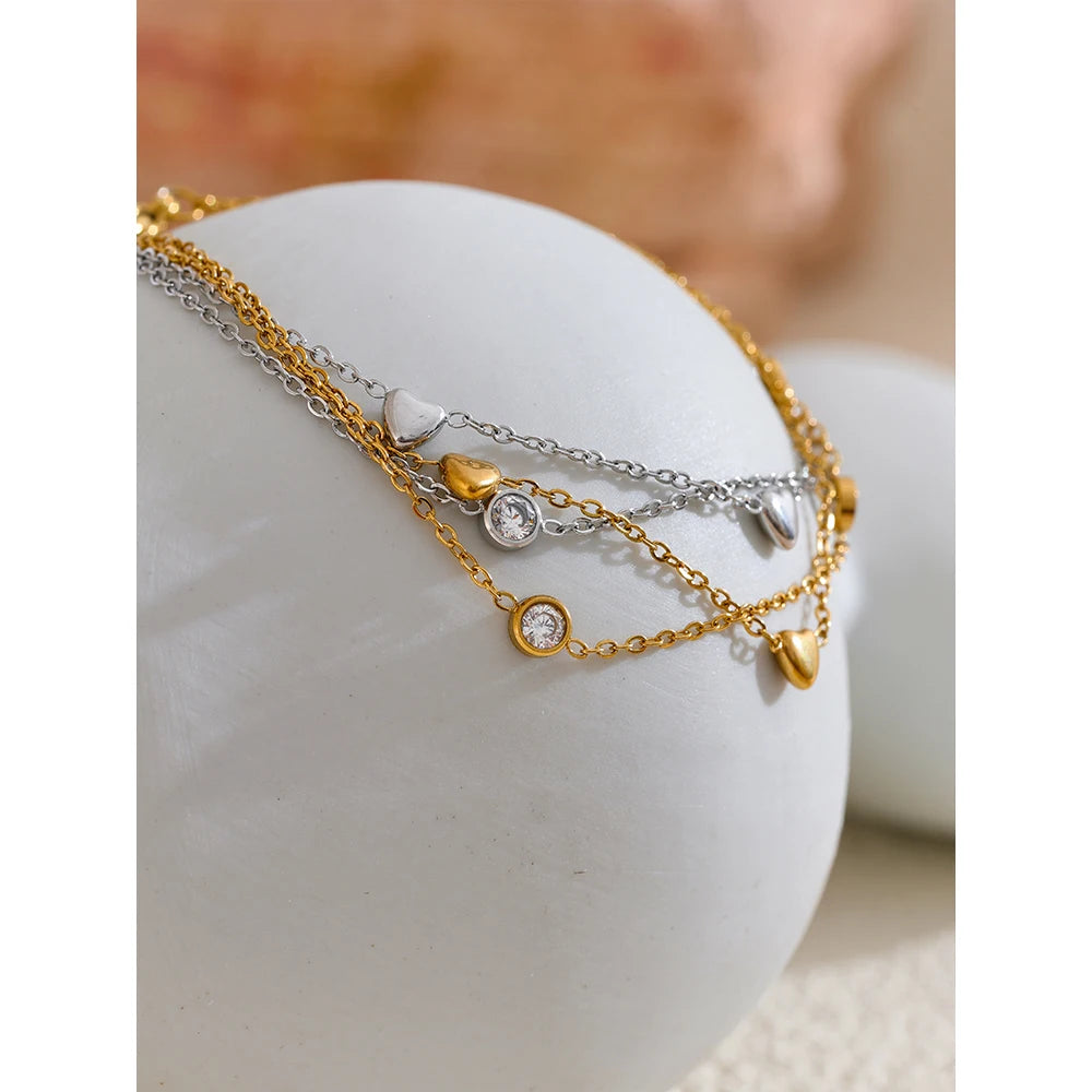 Gold Platinum Heart Cubic Zircon Double Layer Stacking Bracelet Bangle