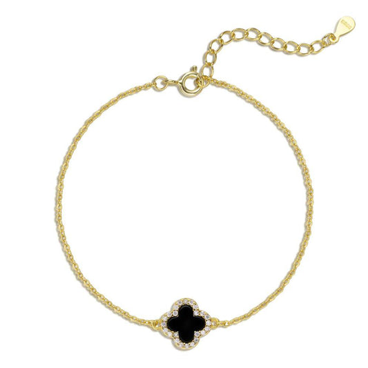 925 Sterling Silver Clover Gold Iced Black Bracelet